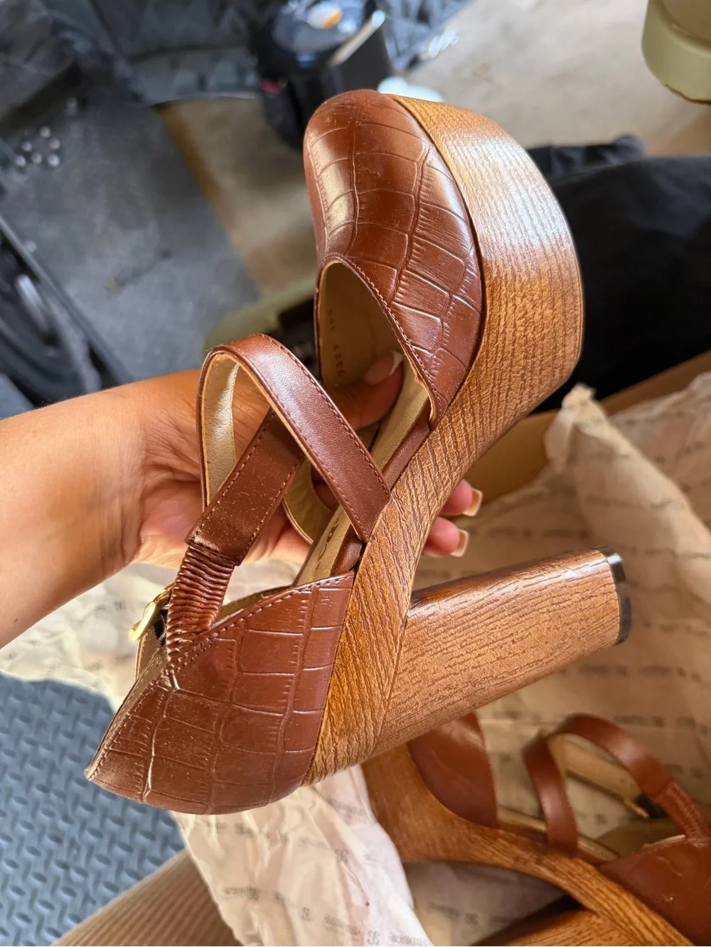 Andrea - Cognac Brown Croc-Embossed Platform Wedge Sandals